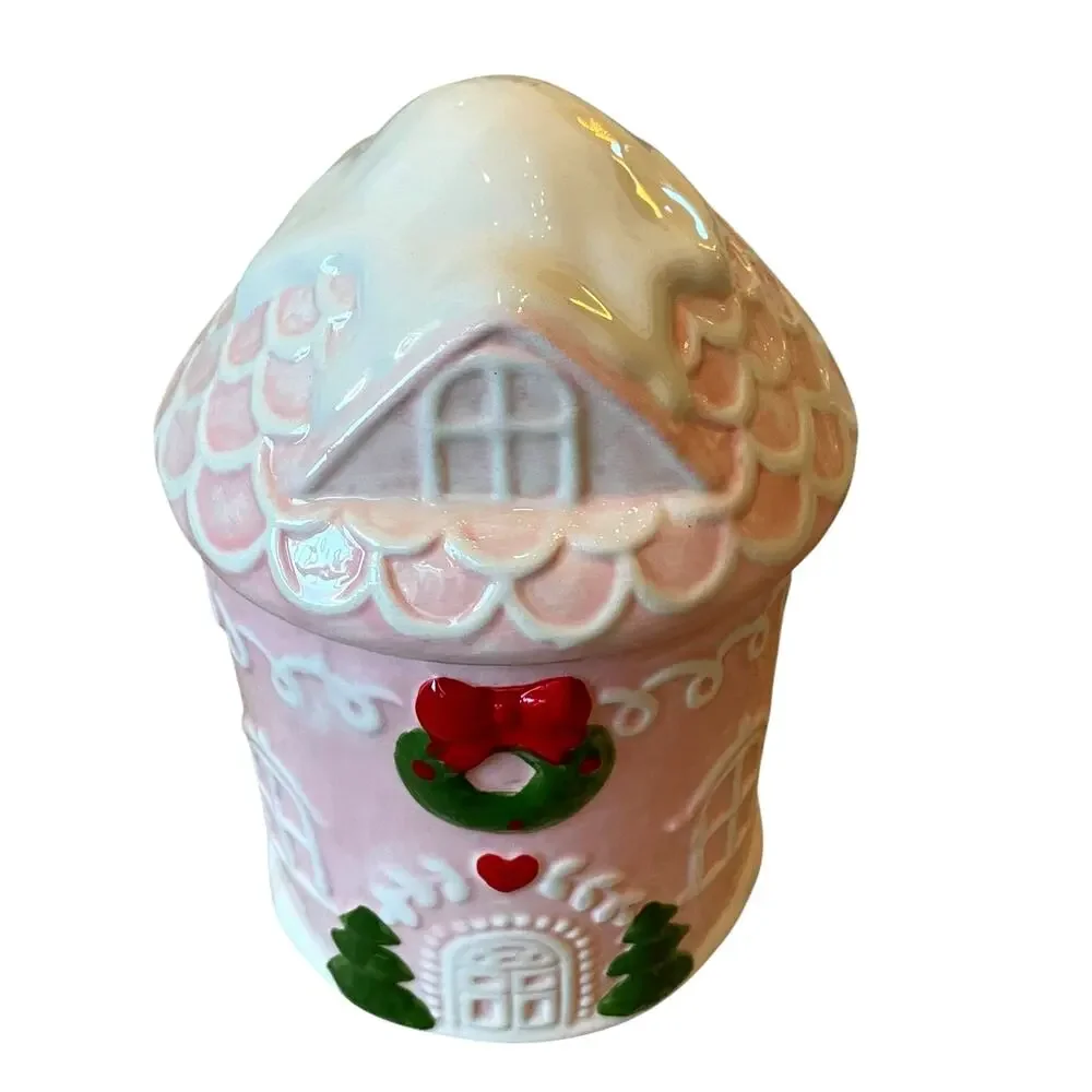 Pinkmas Gingerbread House Ceramic Canister Cookie Jar 7.5in Holiday NEW